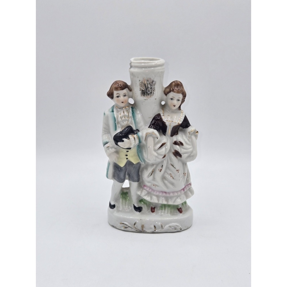Vintage Porcelain Colonial Couple Bud Vase Victorian Man Woman Figural Vase 6.5"